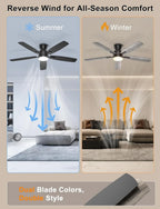 52" Low Profile Ceiling Fan with Light & Remote/APP, Quiet DC Motor, Dimmable, Black, for Bedroom Living Room