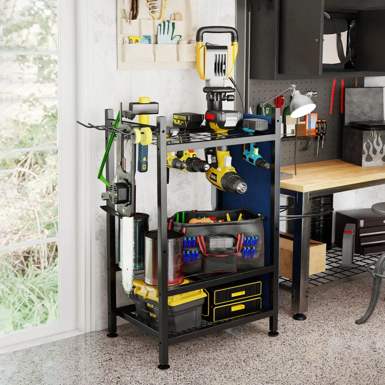 Yard Tool Tower Rack For Garage Organization And Storage, Holds Long-Handled Tools/Rakes/Brooms, Heavy Duty Steel