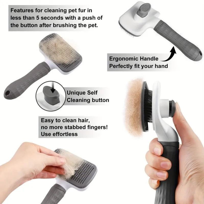 Dual-Use Dog Cat Grooming Brush, Self-Cleaning Comb Round-Tip Bent Needles, Ergonomic Handle