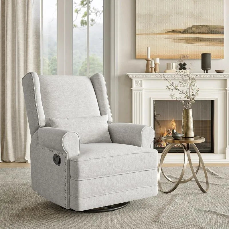 Upholstered Swivel Recliner Chair, Comfy Glider Rocking Chair with Lumbar Pillow and Footrest,