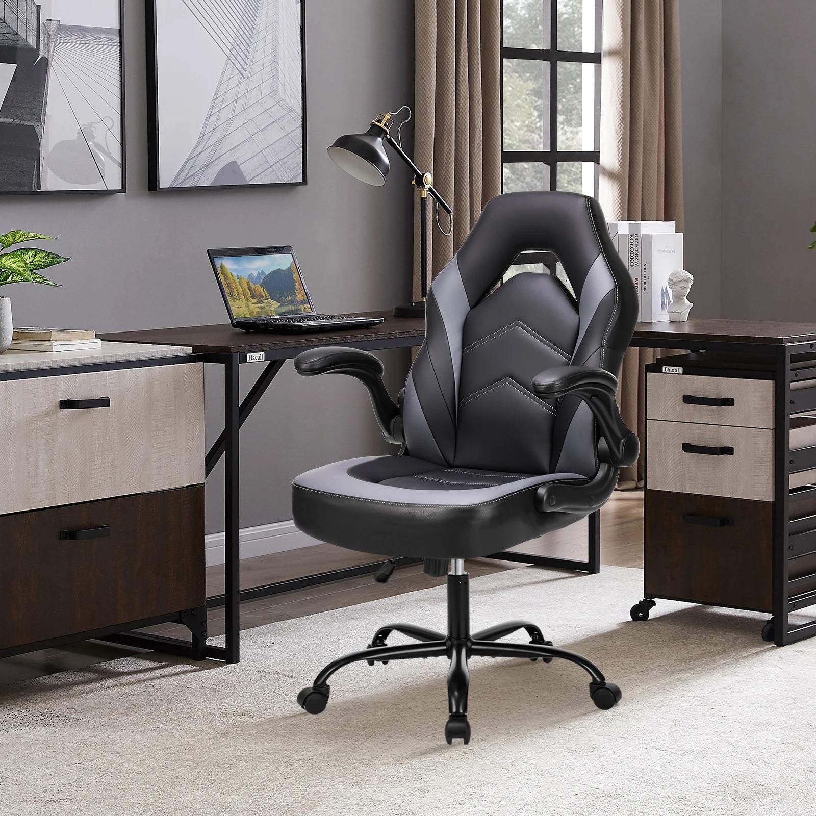Gaming Ergonomic Office Chair with Swivel Rolling Adjustable PU Leather Racing Chair Flip-up Armrest