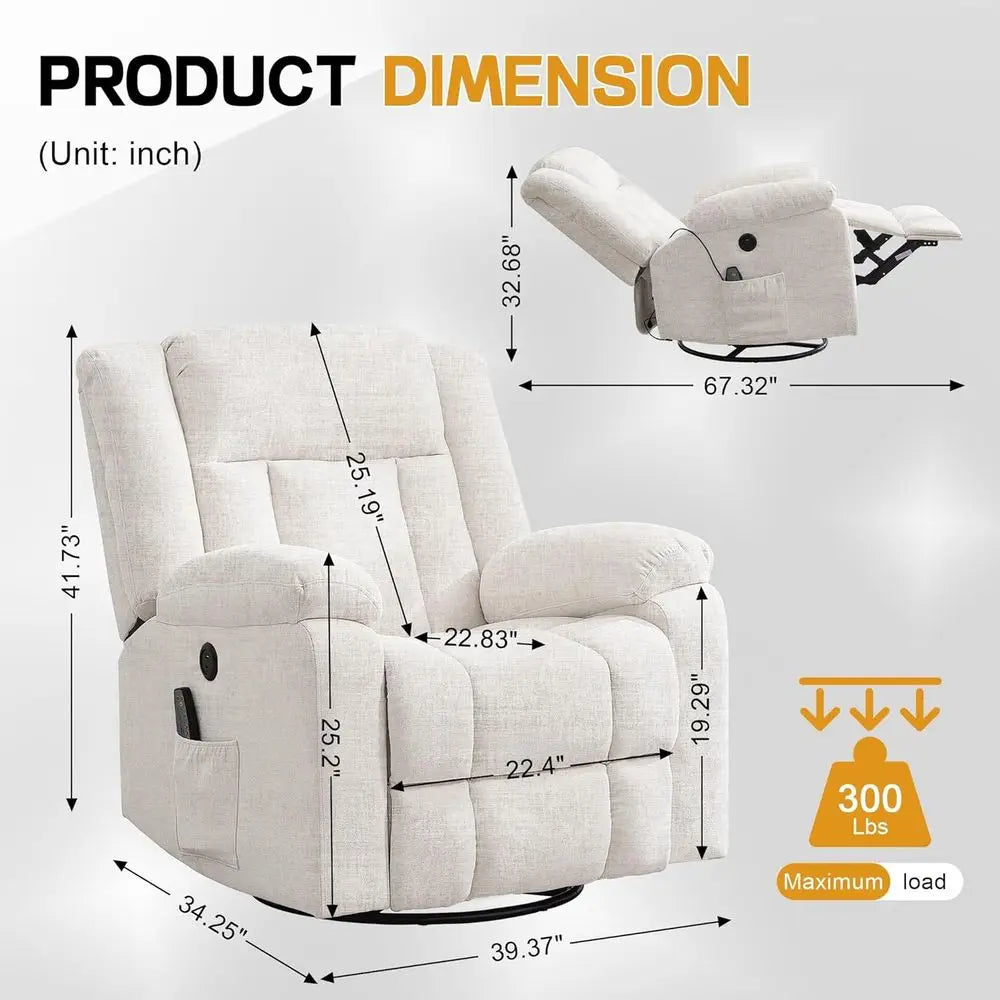 Ivory White 360° Swivel Rocking Chair for Adults with Massage, Heating, Storage, and USB Charging