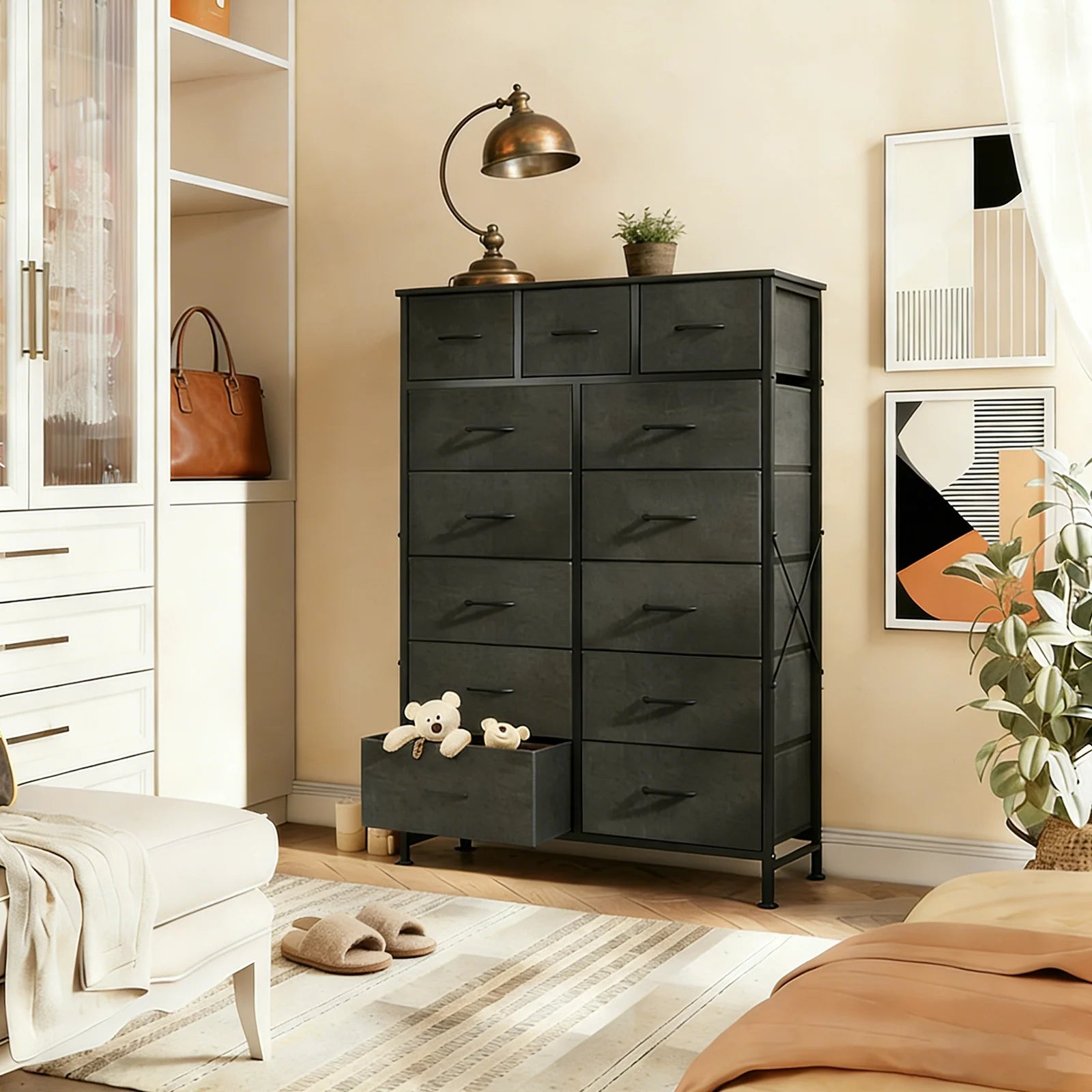 13 Fabric Drawers Cabinet Storage Organizer Adjustable Feet Steel Frame