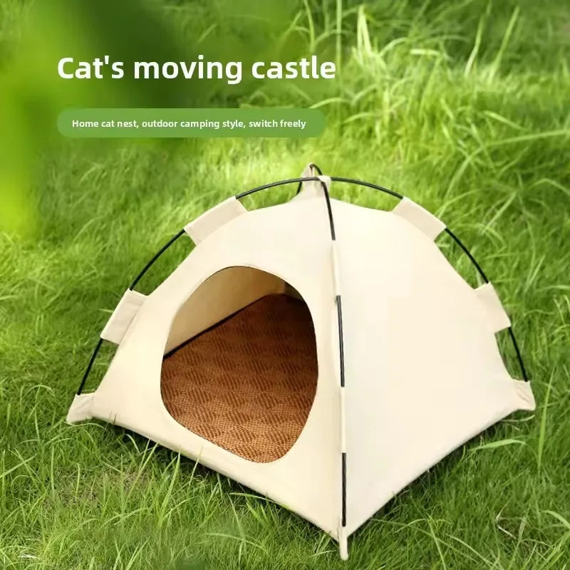 Portable Cat Tent Bed Breathable Oxford Pet House with Double-sided Mat Summer Cooling