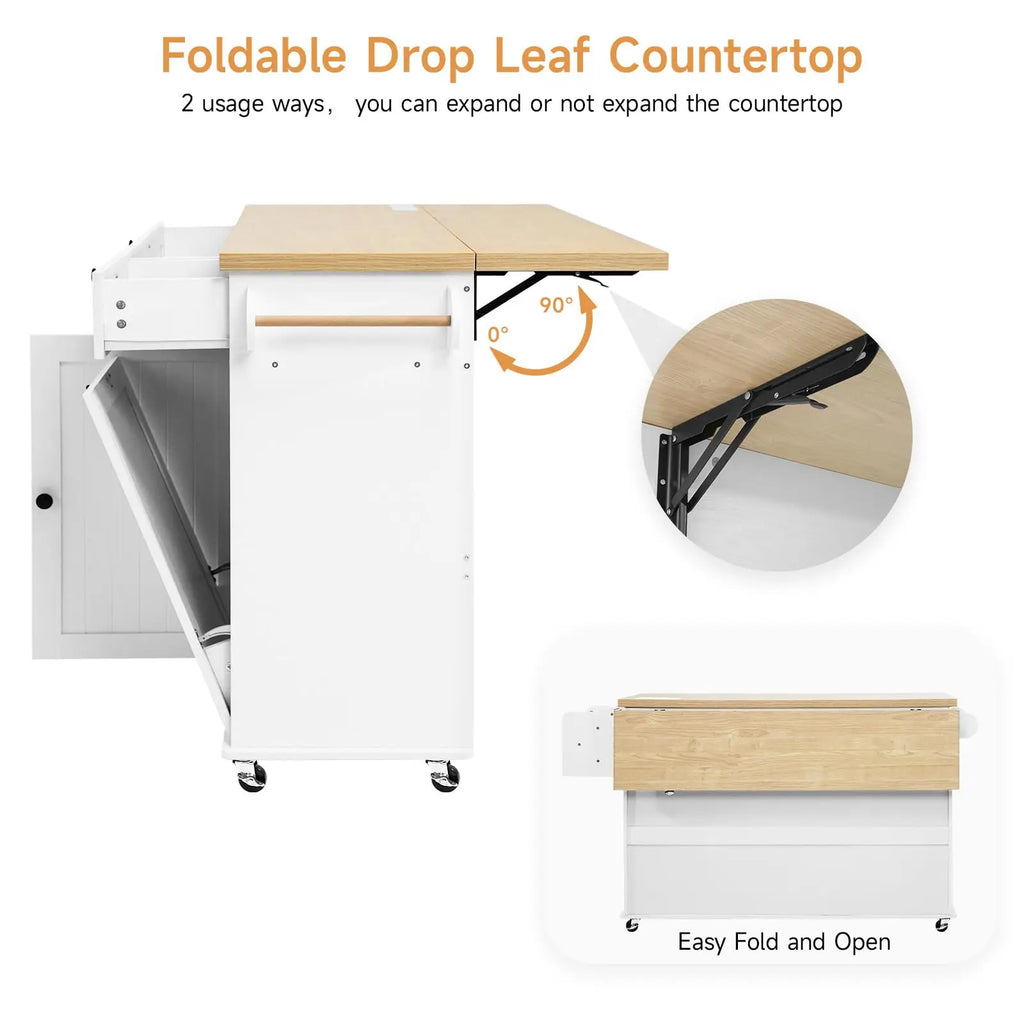 60" Mobile Kitchen Island With Drop Leaf Table, Power Outlet Spice Towel Rack Trash