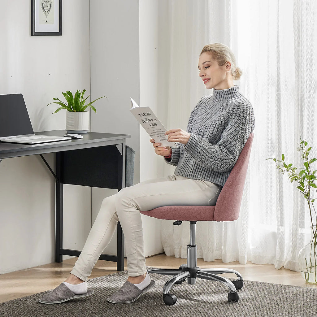 Armless Small Desk Office Chair Cute Vanity Swivel Chair with Back Modern Fabric with Wheels