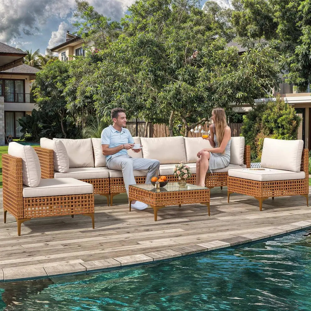 7Piece Patio Furniture Set, All Weather Wicker Patio Conversation Sectional
