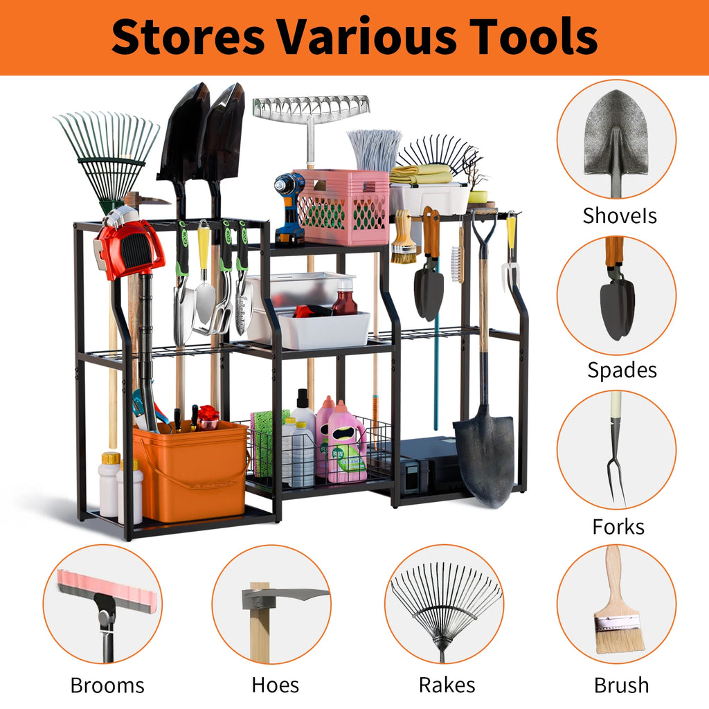 Freestanding Garden Tool Rack Outdoor Workshop Garage Storage Organizer with Slots for Tools