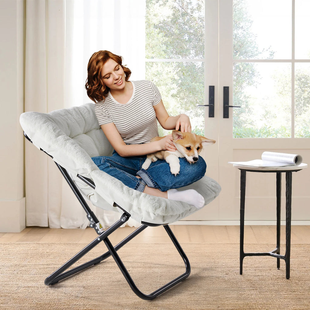28IN Cozy Saucer Chair With Soft Faux Fur Folding Metal Frame