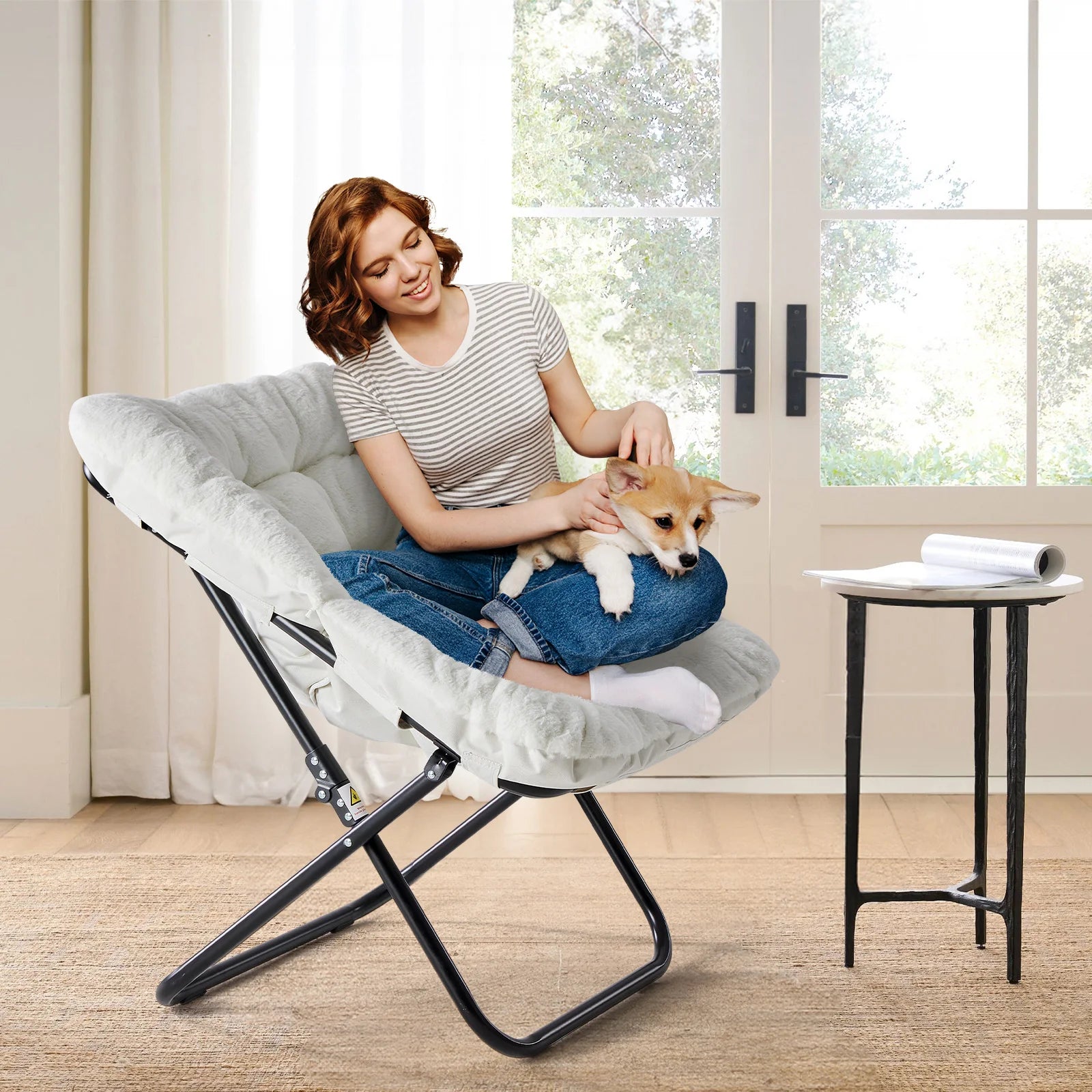 28IN Cozy Saucer Chair With Soft Faux Fur Folding Metal Frame