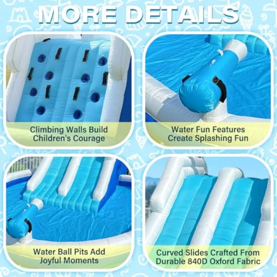 Backyard summer party inflatable water park for big kids, PVC material, blue and yellow, 17.7FT double splash pool