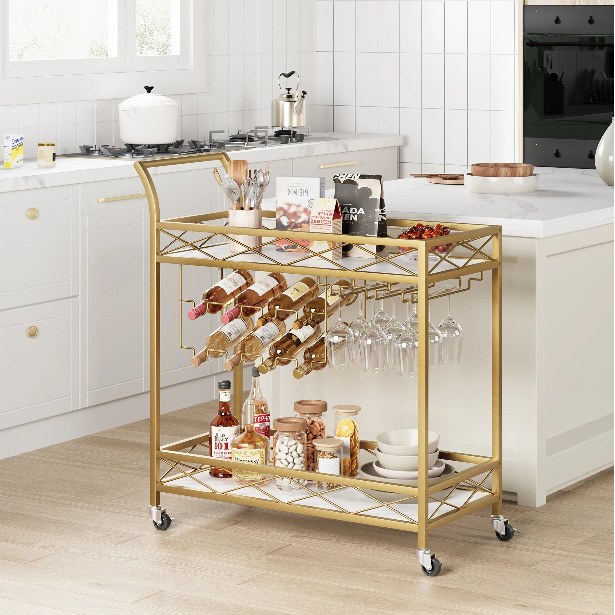 2-Tier Home Dining Room Bar Serving Cart on Lockable Wheels