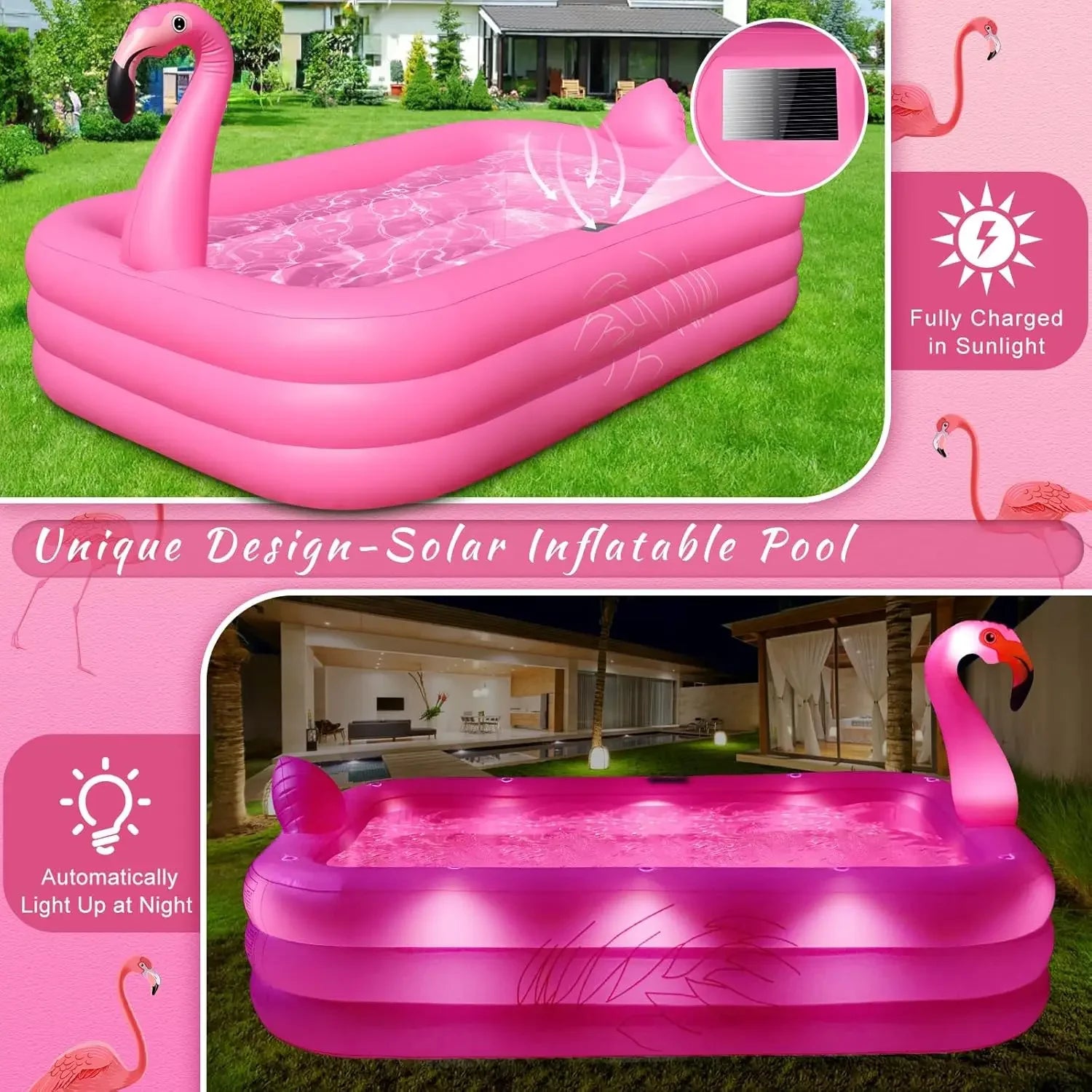 Solar Flamingo Inflatable Pool with Lights,