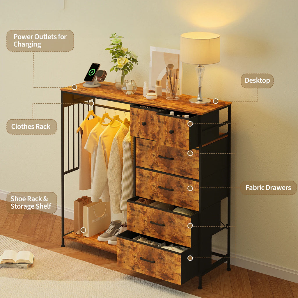 Reversible 6 Fabric Drawers Hanging Rack Dresser Closet w/LED Lights & Charging Station