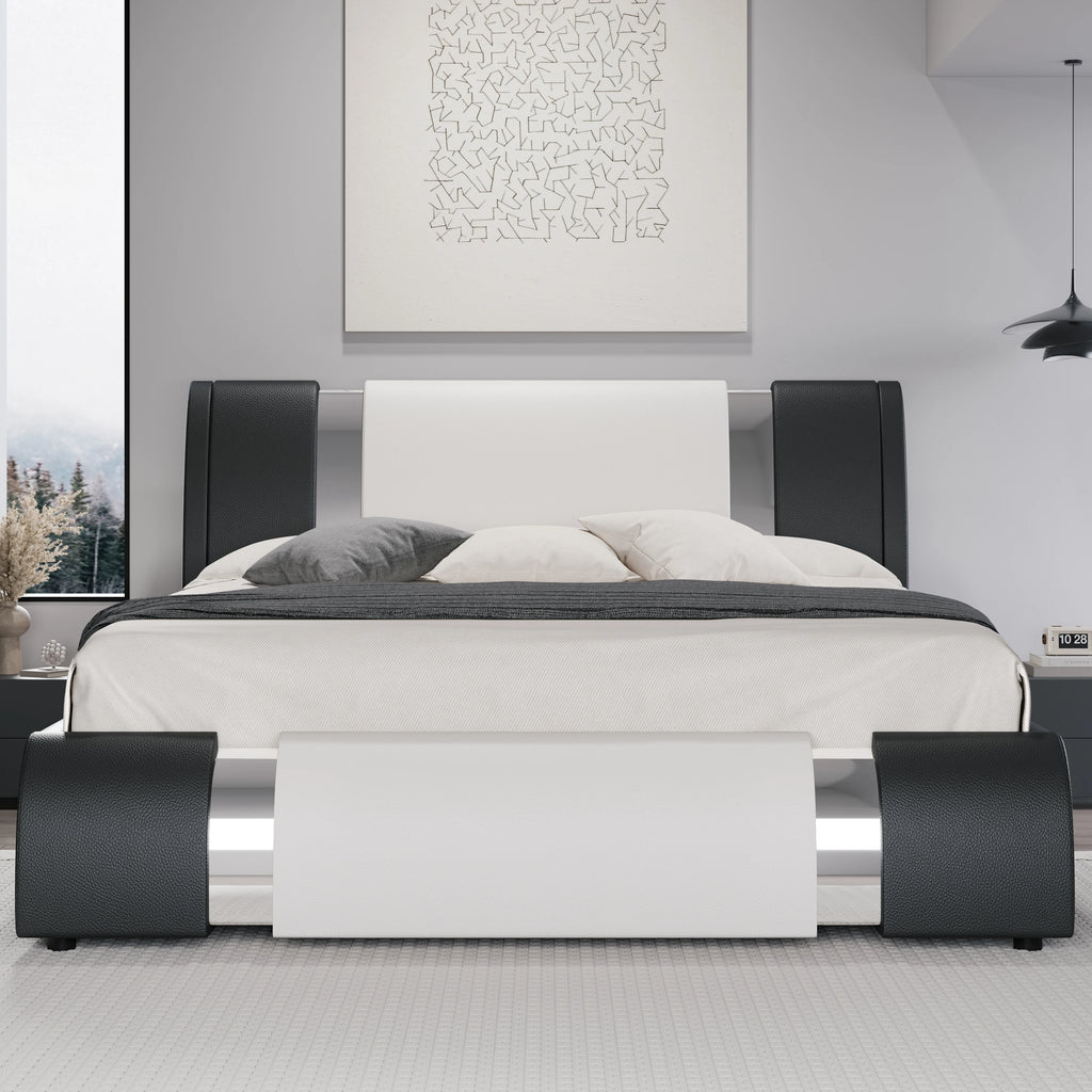 Faux Leather Bed Frame with Iron Pieces Low Profile Platform Bed with Height-Adjustable Headboard