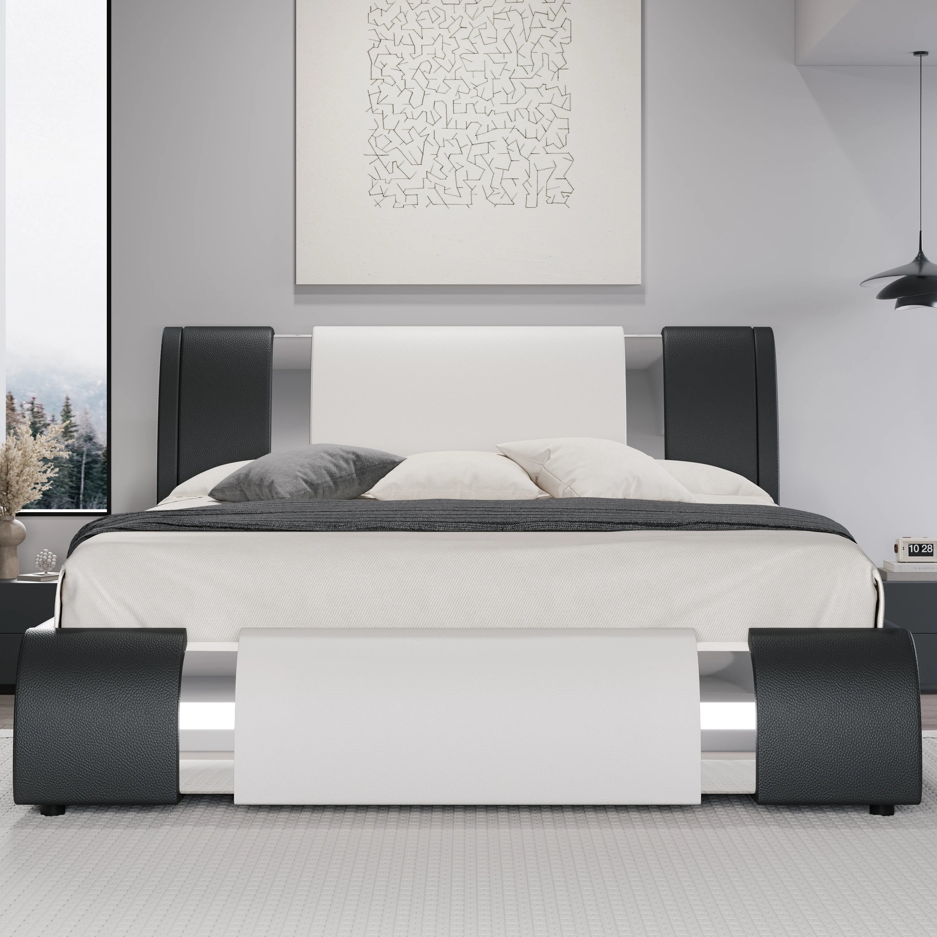 Faux Leather Bed Frame with Iron Pieces Low Profile Platform Bed with Height-Adjustable Headboard