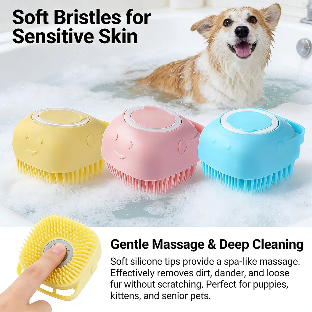 2-In-1 Pet Bath & Massage Brush With Shampoo Storage. Silicone For Sensitive Skin