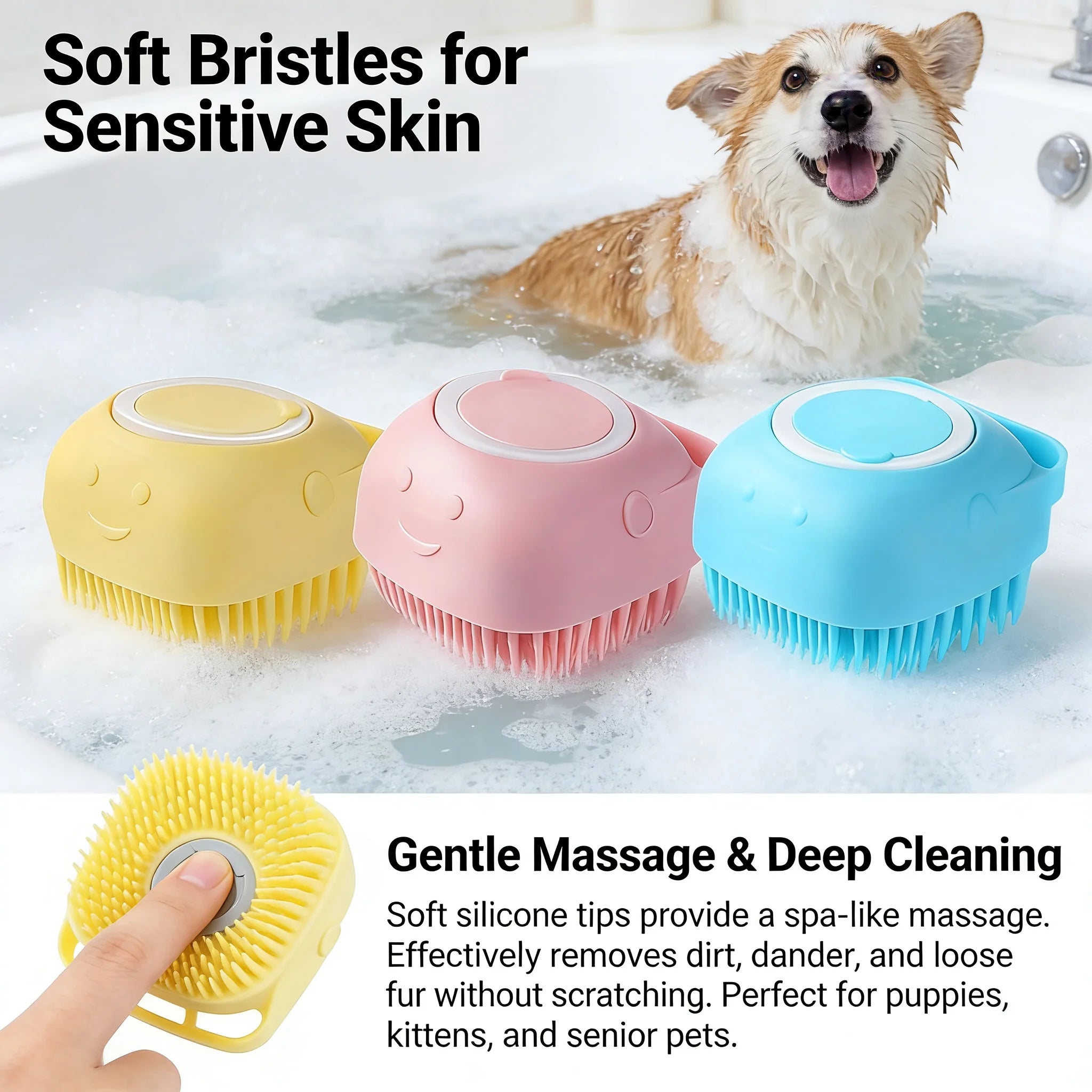 2-In-1 Pet Bath & Massage Brush With Shampoo Storage. Silicone For Sensitive Skin