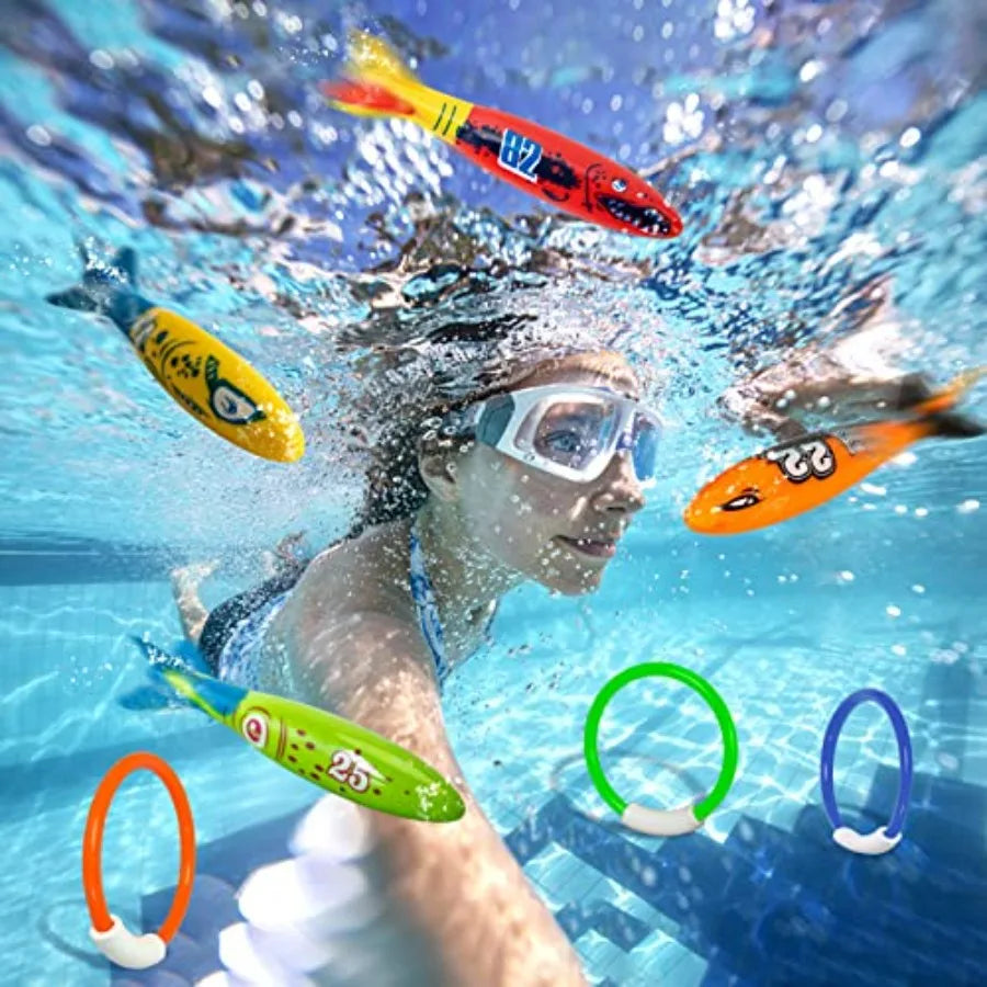 Underwater Pool Diving Toys, 8 Pcs Diving Rings and Pool Torpedo Set