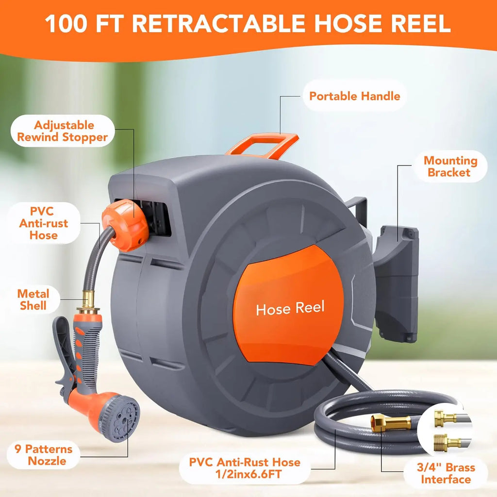 Retractable Garden Hose Reel 1/2 In x 100 FT Wall Mounted with 9 Function Sprayer Nozzle