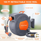 Retractable Garden Hose Reel 1/2 In x 100 FT Wall Mounted with 9 Function Sprayer Nozzle
