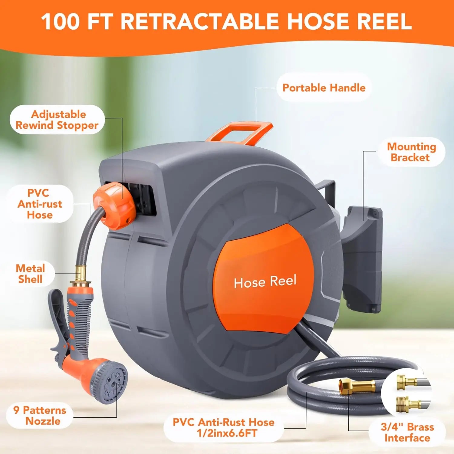 Retractable Garden Hose Reel 1/2 In x 100 FT Wall Mounted with 9 Function Sprayer Nozzle