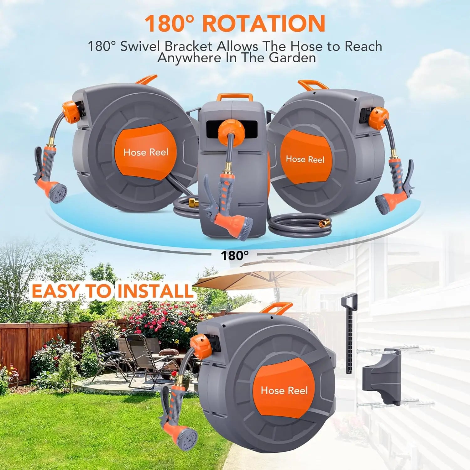 Retractable Garden Hose Reel 1/2 In x 100 FT Wall Mounted with 9 Function Sprayer Nozzle