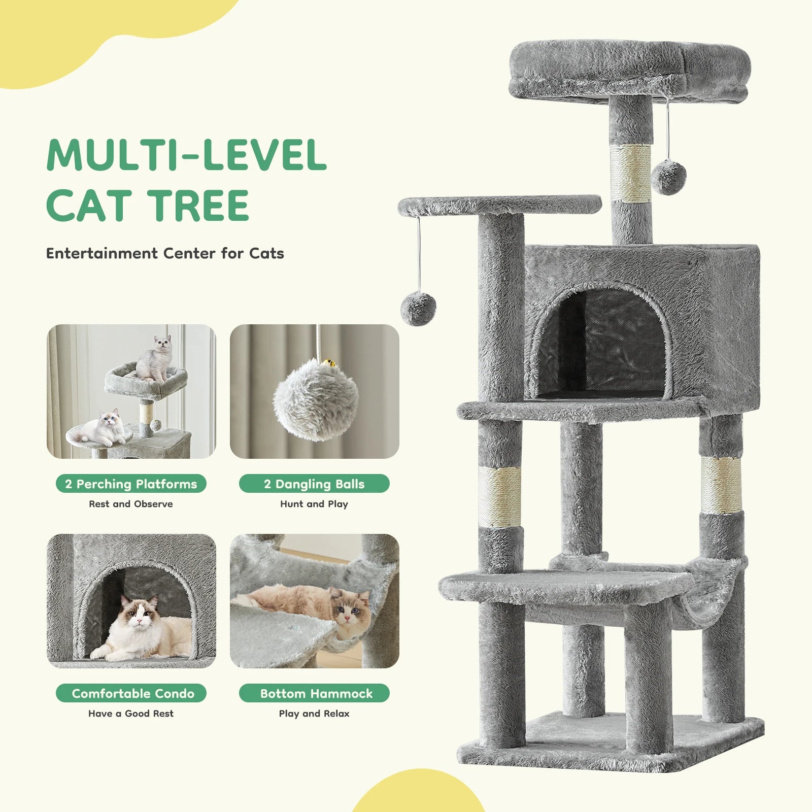 44In Cat Tree Tall Multi-Cat Climbing Tower for Pet Furniture Natural Sisal Scratching Posts Stable Pet House for Indoor Cat