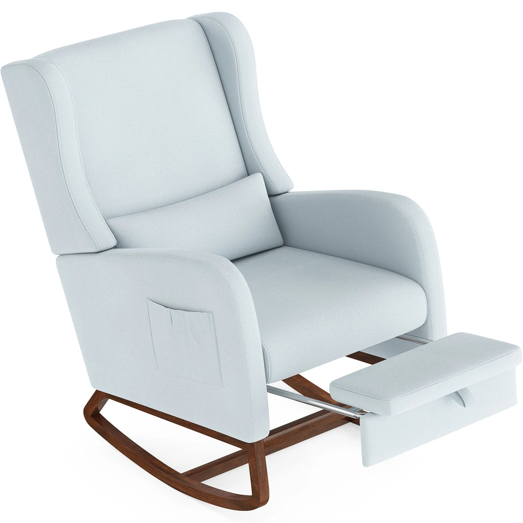 Nursery Rocking Chair, Upholstered Glider Rocker with Adjustable Footrest & Side Pocket,