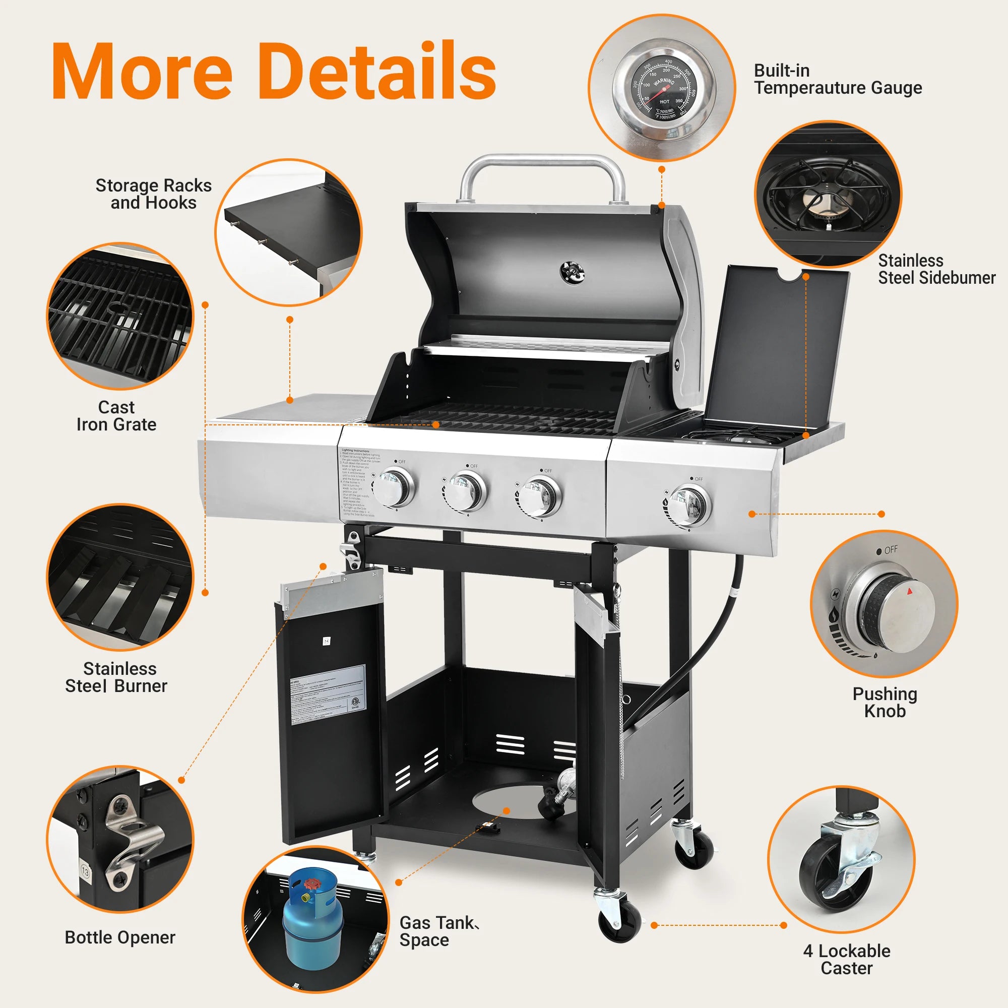Stainless Steel Propane Grill 3 Burner Gas Grill with Side Burner And Cover for Outdoor BBQ Camping