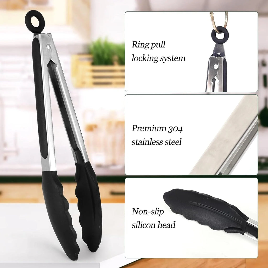 Black Stainless Steel Tongs Set – 7”, 9” & 12” Heat Resistant with Silicone Tip, Pull Lock, Black – Set of 3