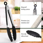 Black Stainless Steel Tongs Set – 7”, 9” & 12” Heat Resistant with Silicone Tip, Pull Lock, Black – Set of 3