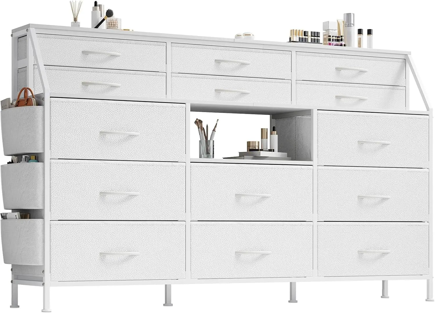 14 Drawer Dresser with Wooden Top, Large Storage Cabinet with Metal Frame