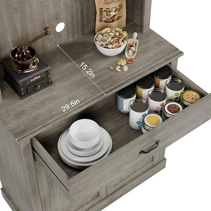 71 in Tall Kitchen Hutch Storage Cabinet with Microwave Stand, Freestanding, Buffet Glass Doors