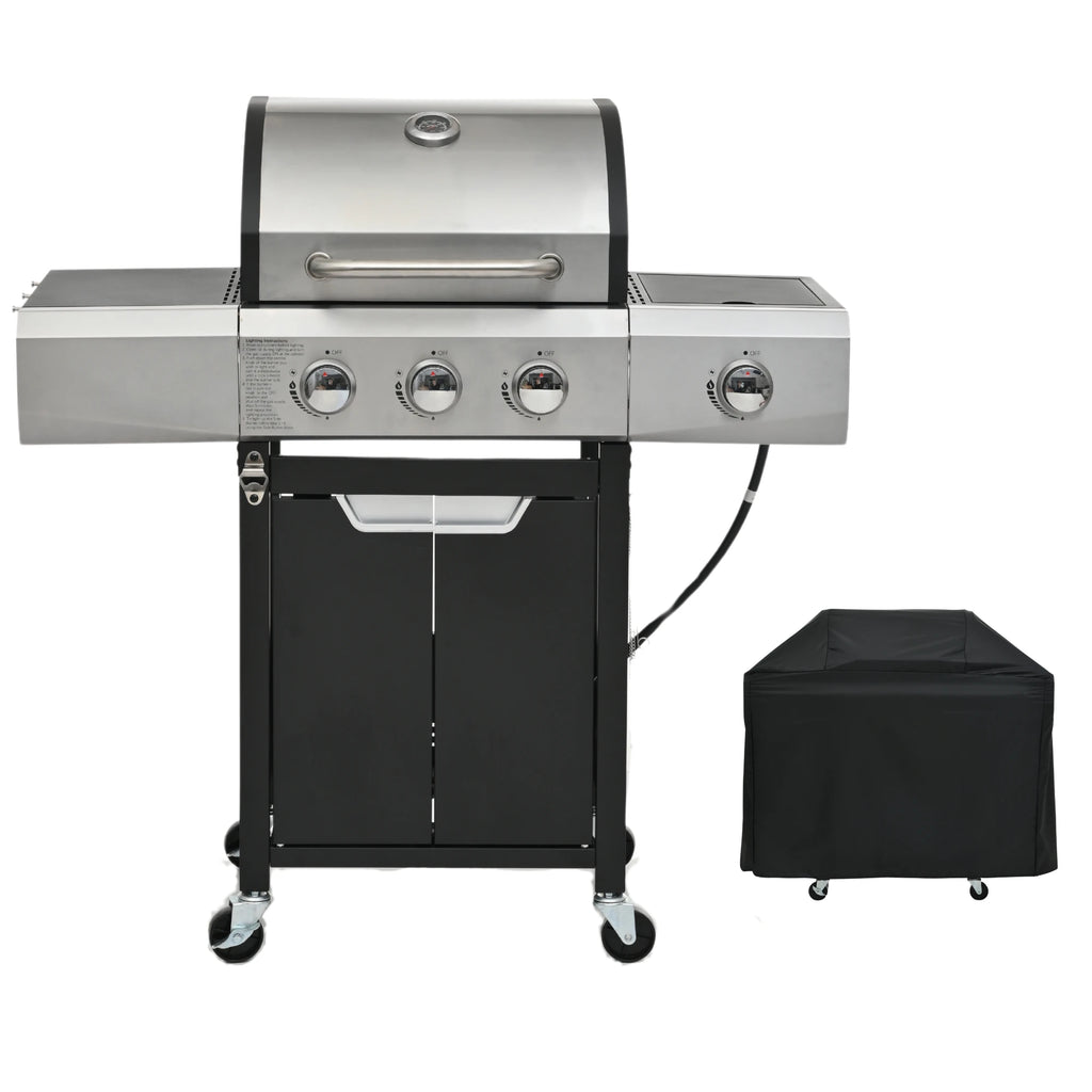 Stainless Steel Propane Grill 3 Burner Gas Grill with Side Burner And Cover for Outdoor BBQ Camping
