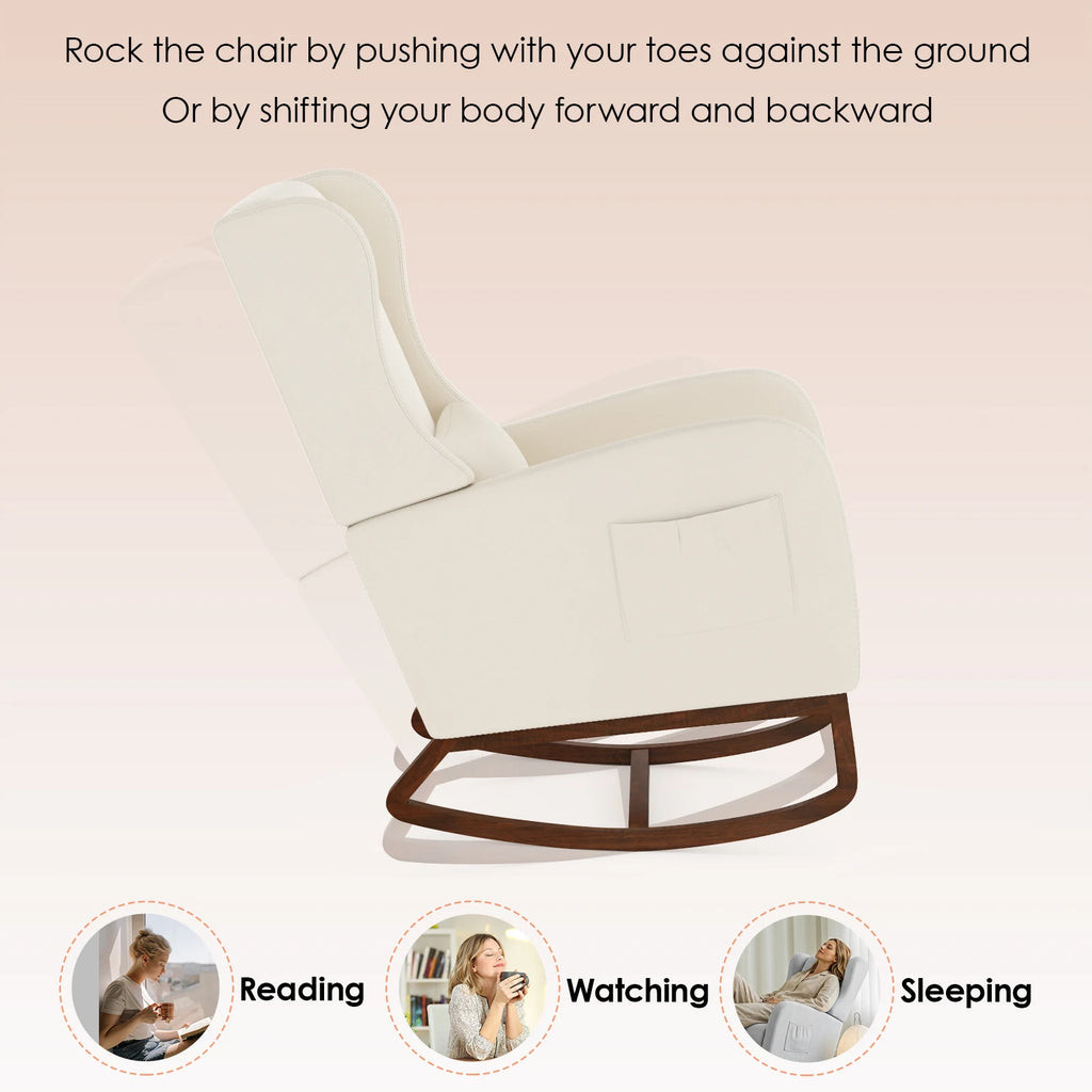 Nursery Rocking Chair, Upholstered Glider Rocker with Adjustable Footrest & Side Pocket,