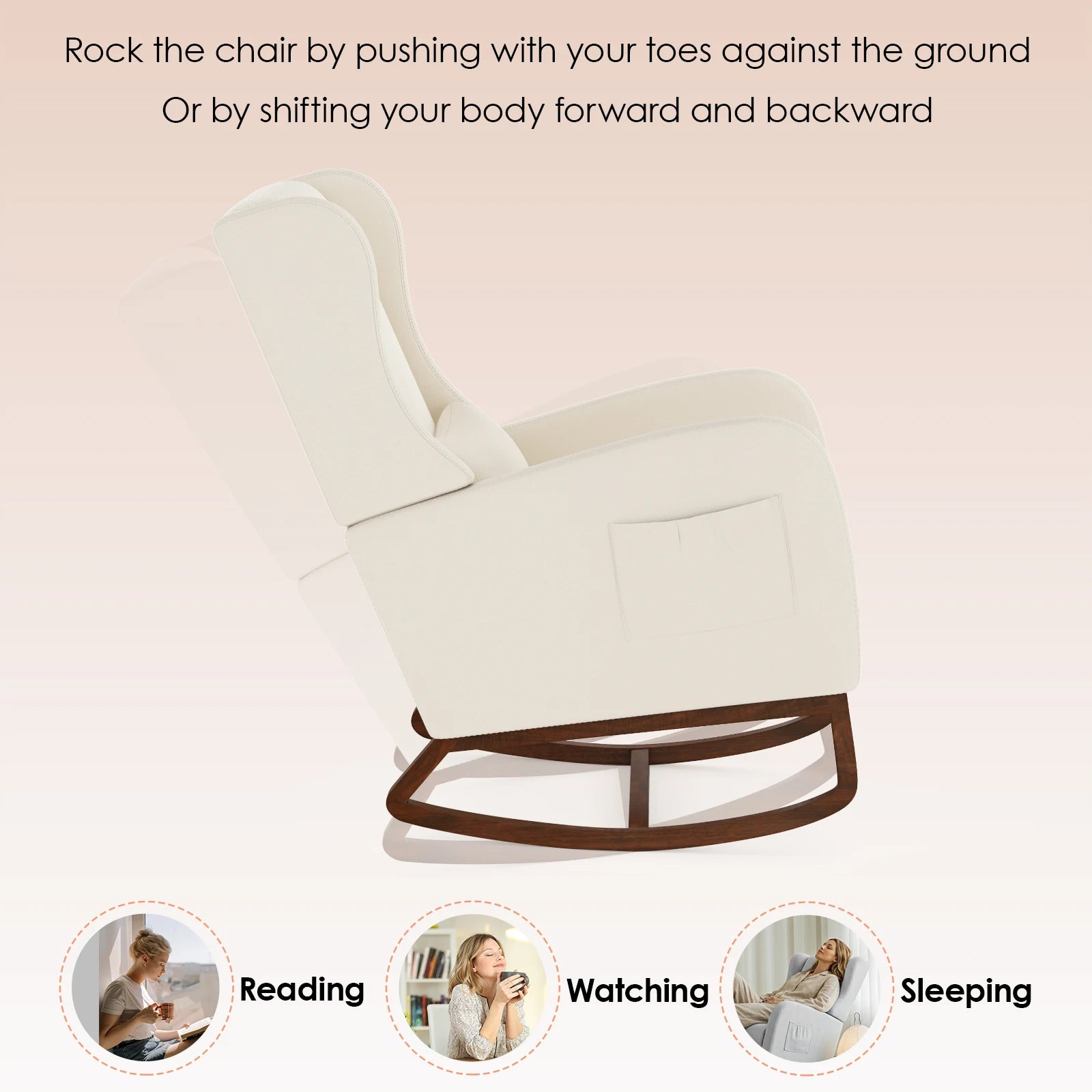 Nursery Rocking Chair, Upholstered Glider Rocker with Adjustable Footrest & Side Pocket,