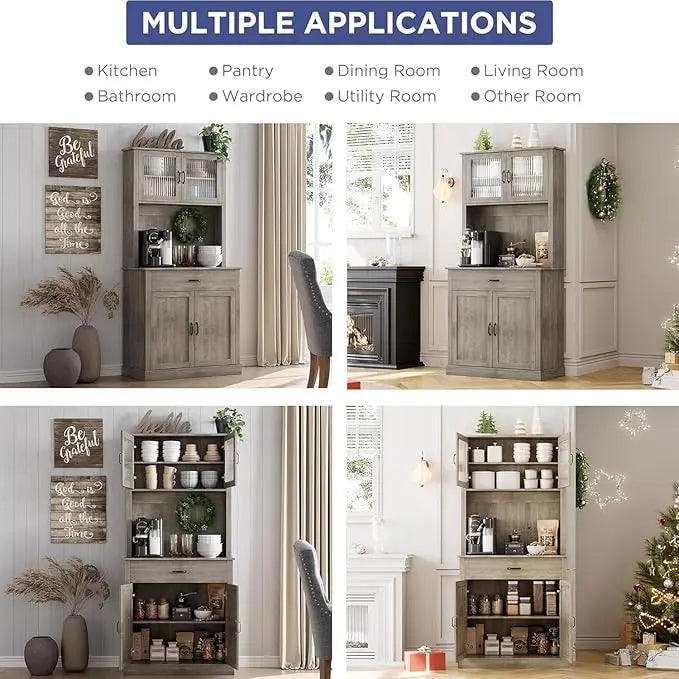71 in Tall Kitchen Hutch Storage Cabinet with Microwave Stand, Freestanding, Buffet Glass Doors