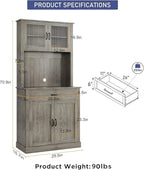 71 in Tall Kitchen Hutch Storage Cabinet with Microwave Stand, Freestanding, Buffet Glass Doors