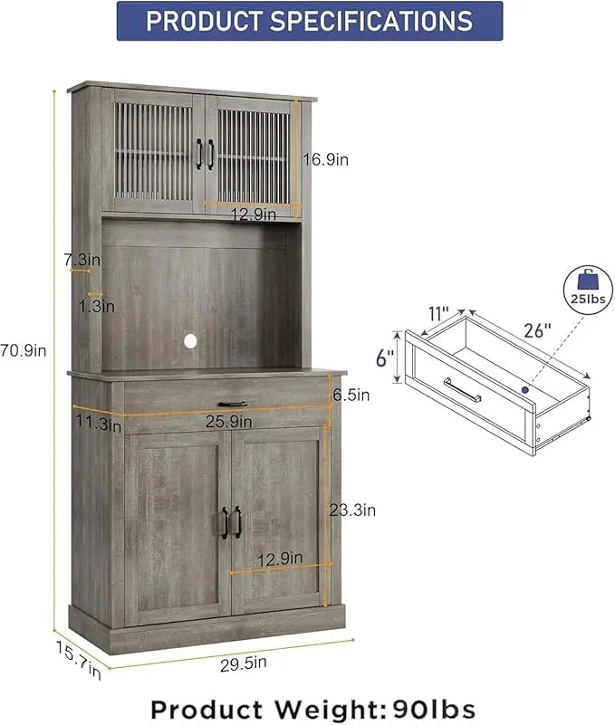 71 in Tall Kitchen Hutch Storage Cabinet with Microwave Stand, Freestanding, Buffet Glass Doors