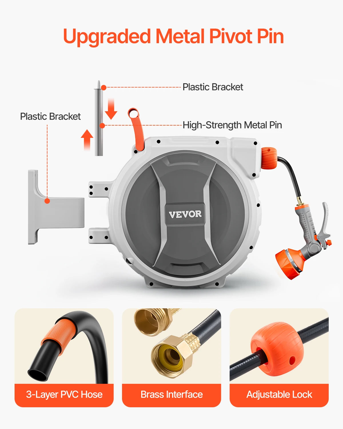 Retractable Garden Hose Wall Mounted Reel Heavy Duty with 9 Patterns Nozzle Swivel Bracket