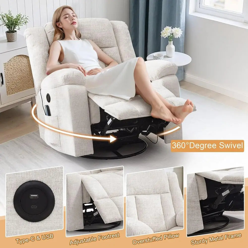 Ivory White 360° Swivel Rocking Chair for Adults with Massage, Heating, Storage, and USB Charging