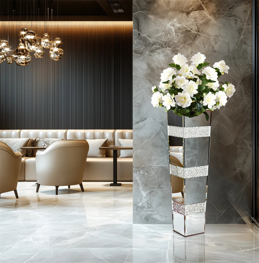 Modern Floor Flower Vase Decorative Crystal Silver Standing Mirrored  Arrangement