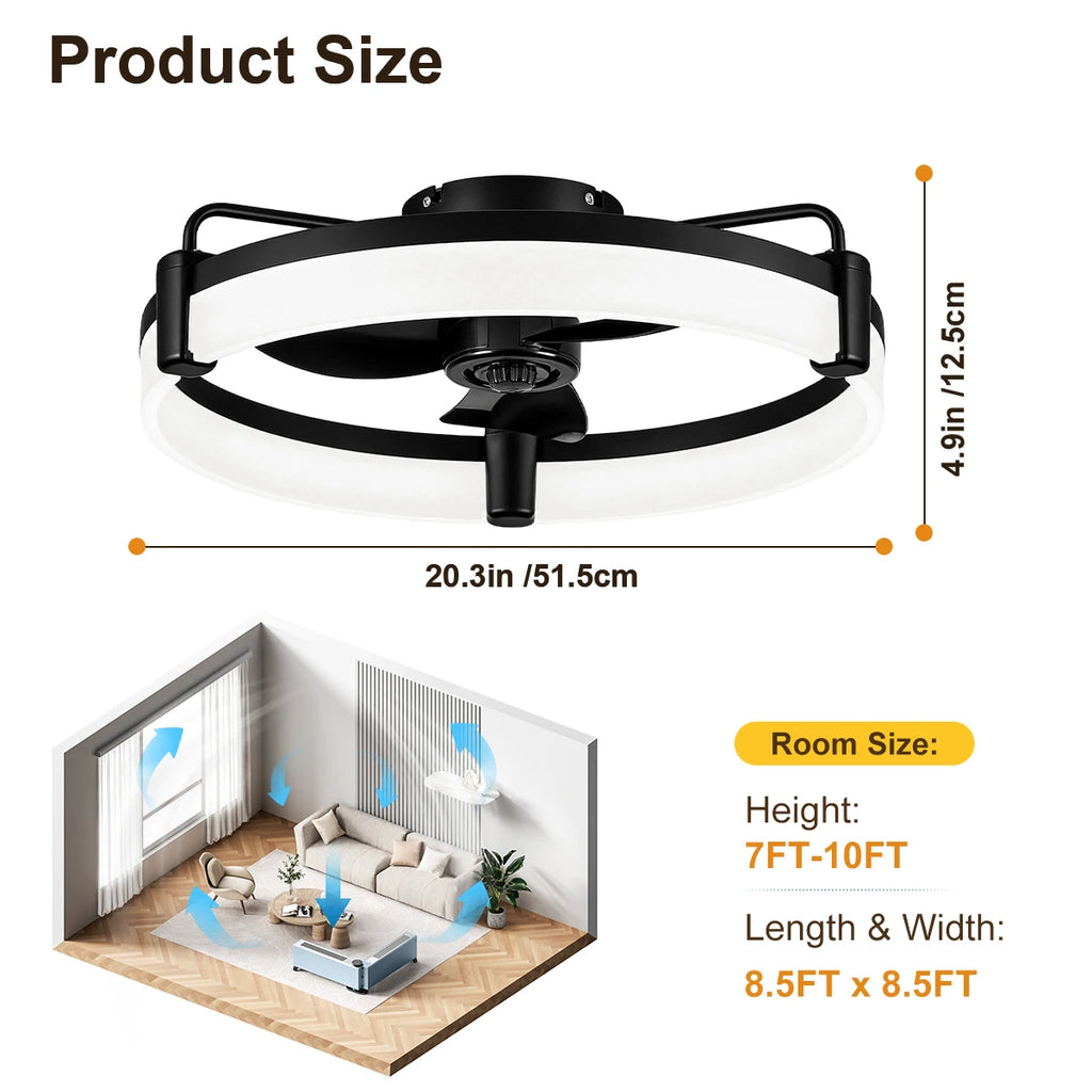 Ultra Quiet Round Indoor Fan Light, Dimmable 6 Speed Reversible DC Motor Flush Mount LED Ceiling Fan for Livingroom Bedroom Kitchen