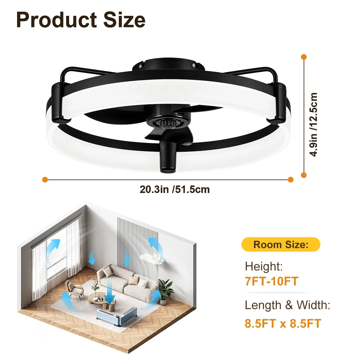 Ultra Quiet Round Indoor Fan Light, Dimmable 6 Speed Reversible DC Motor Flush Mount LED Ceiling Fan for Livingroom Bedroom Kitchen