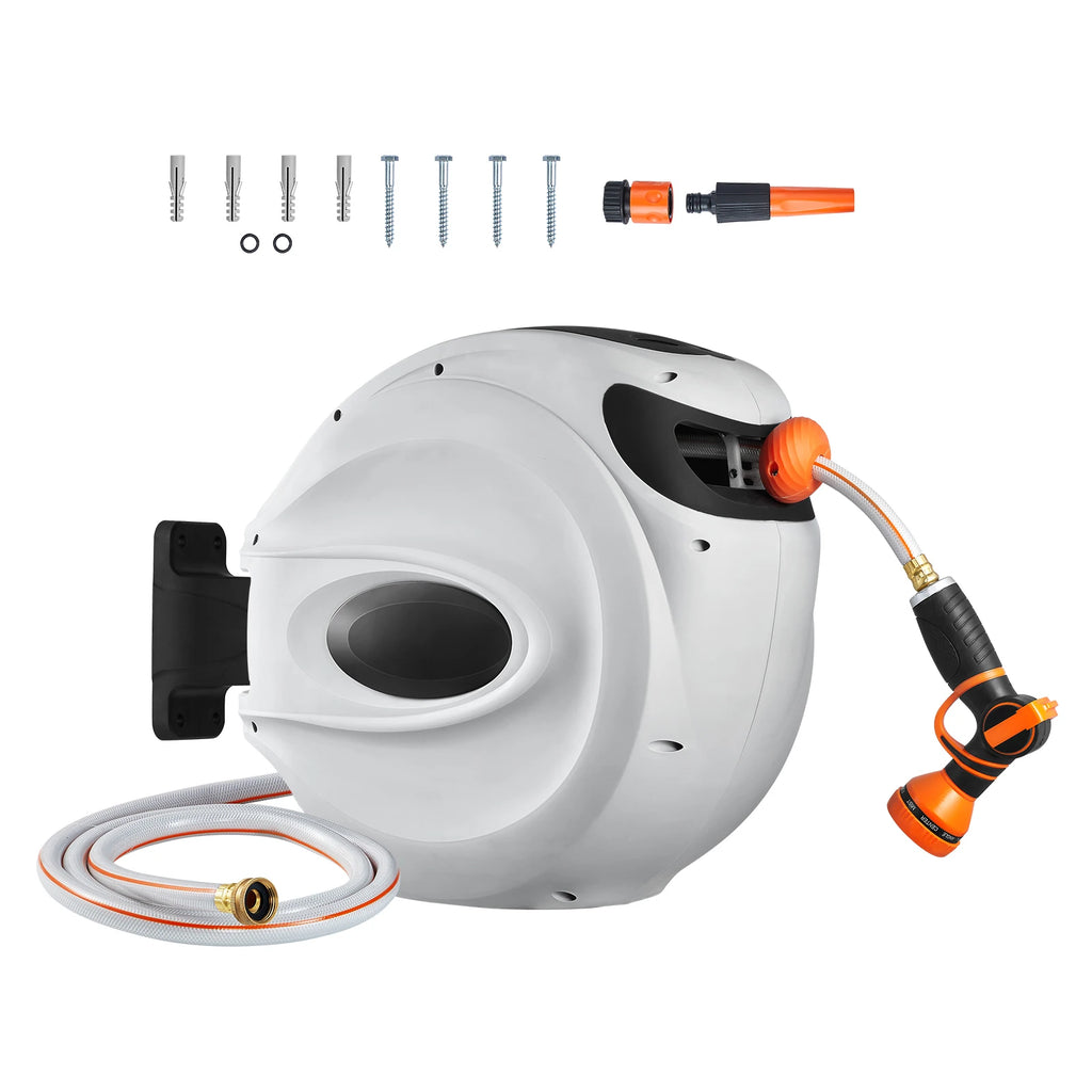 Retractable Hose Reel 180° Swivel Bracket Wall-Mounted with 9-Pattern Nozzle Automatic Rewind