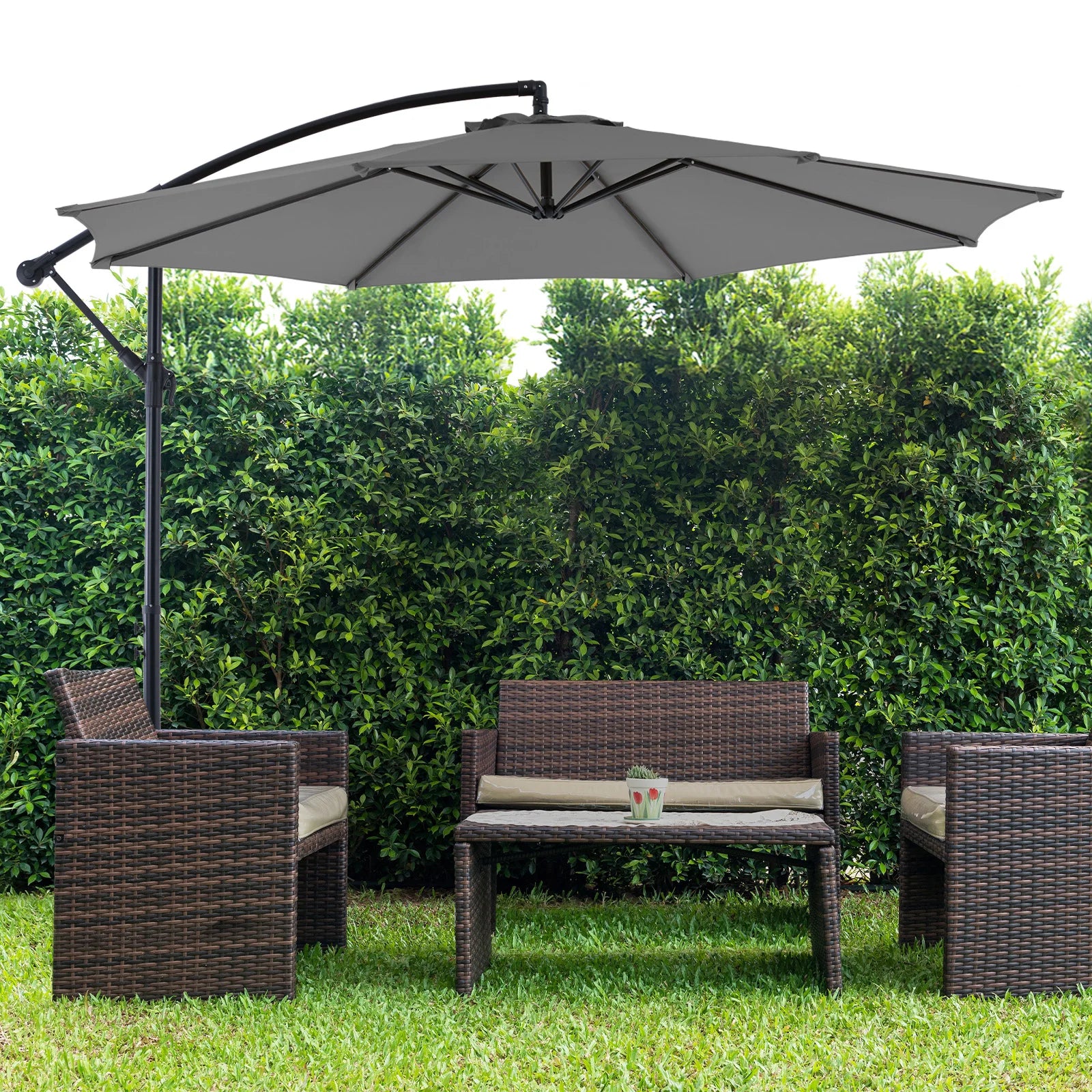 10FT Patio Umbrella Hanging Cantilever with Easy Tilt Adjustment UV Protection 8 Sturdy Ribs
