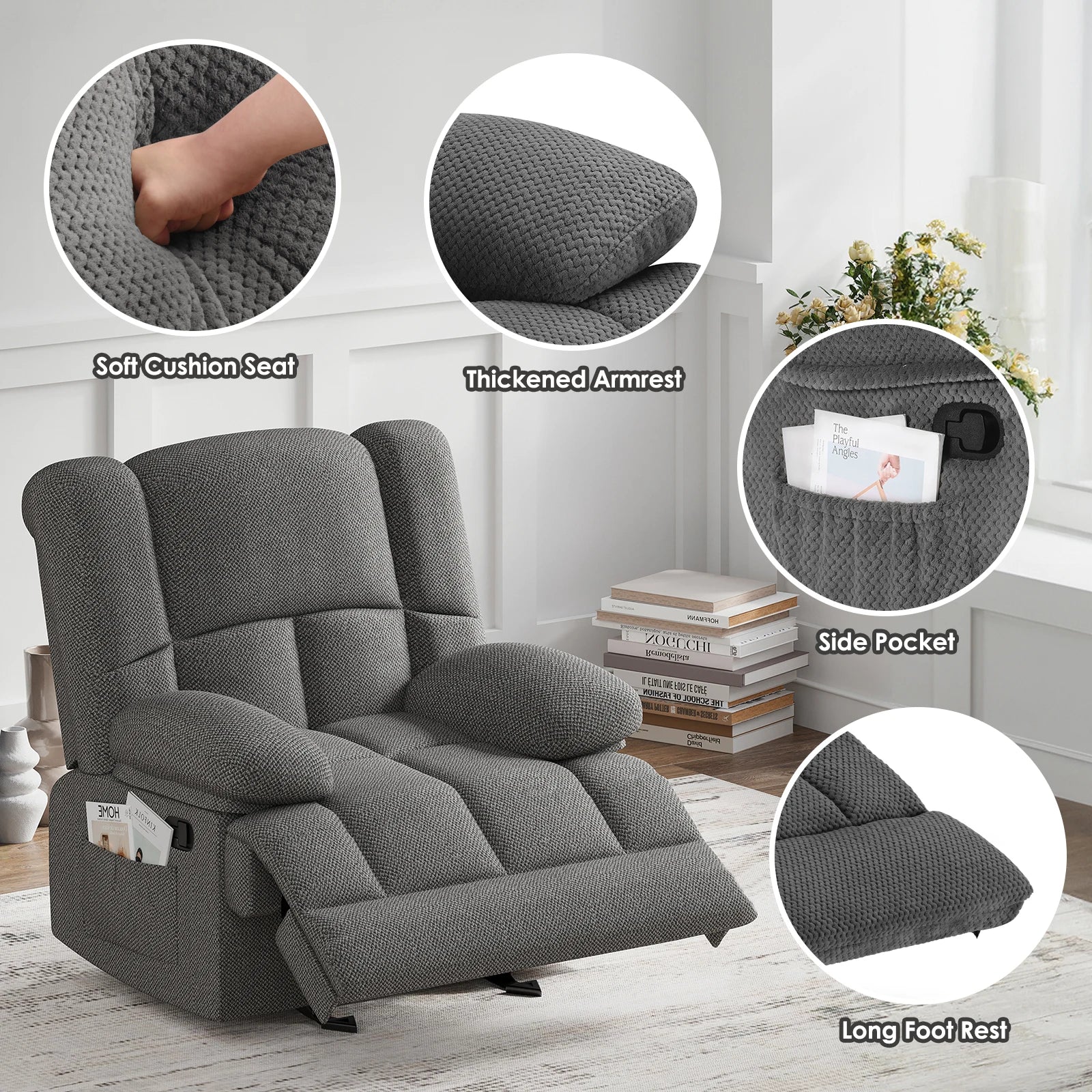 Oversized Rocker Recliner Chair, Upholstered High Back Comfortable & Heavy Duty, for Adults Living Room, Home Theater