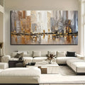Large modern abstract oil painting - neutral tones with gold accents