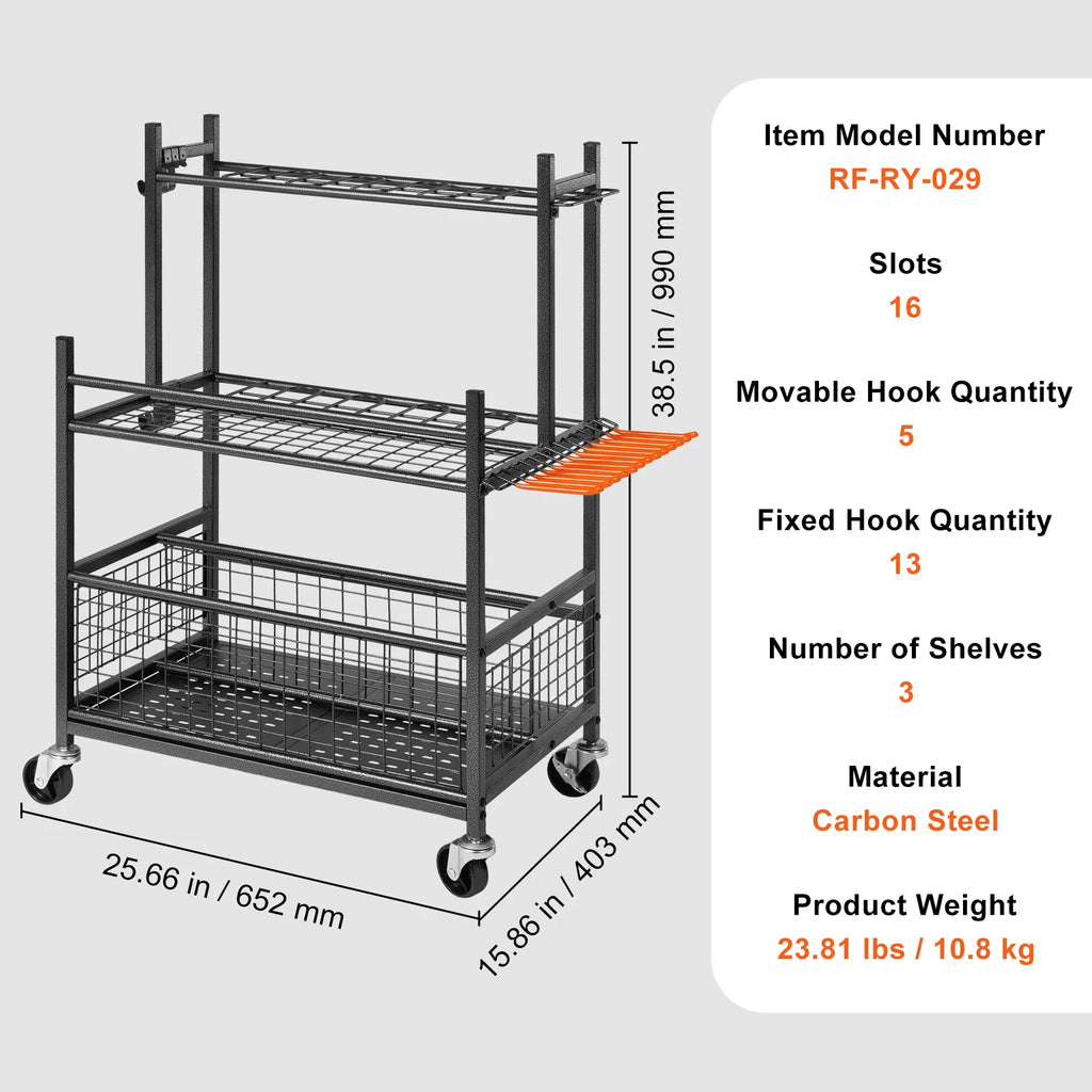 16 Slots Garden Tool Organizer Tower Rack with Hooks Wheels Long-Handled Rake Holder for Garage Storage